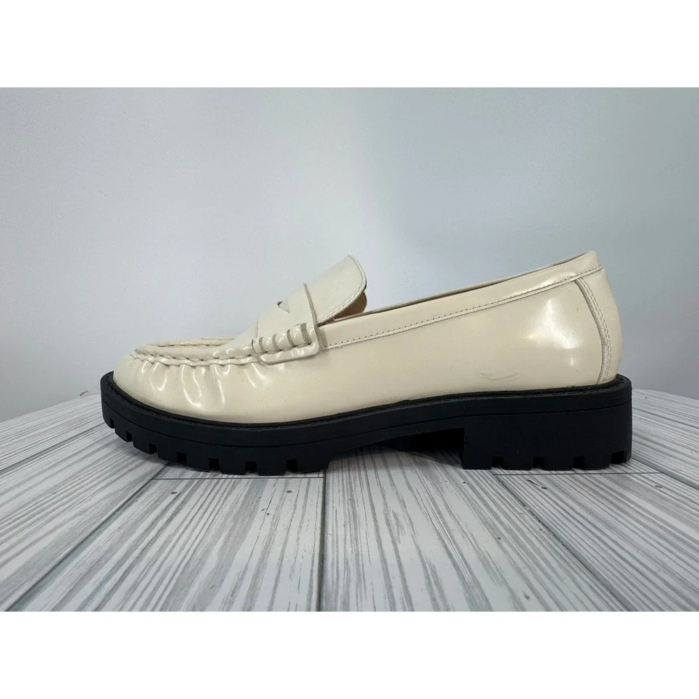 Loft Women's SIze 6.5 Cream Lug Penny Loafers Chunky Heel Flat Shoes Slip On‎